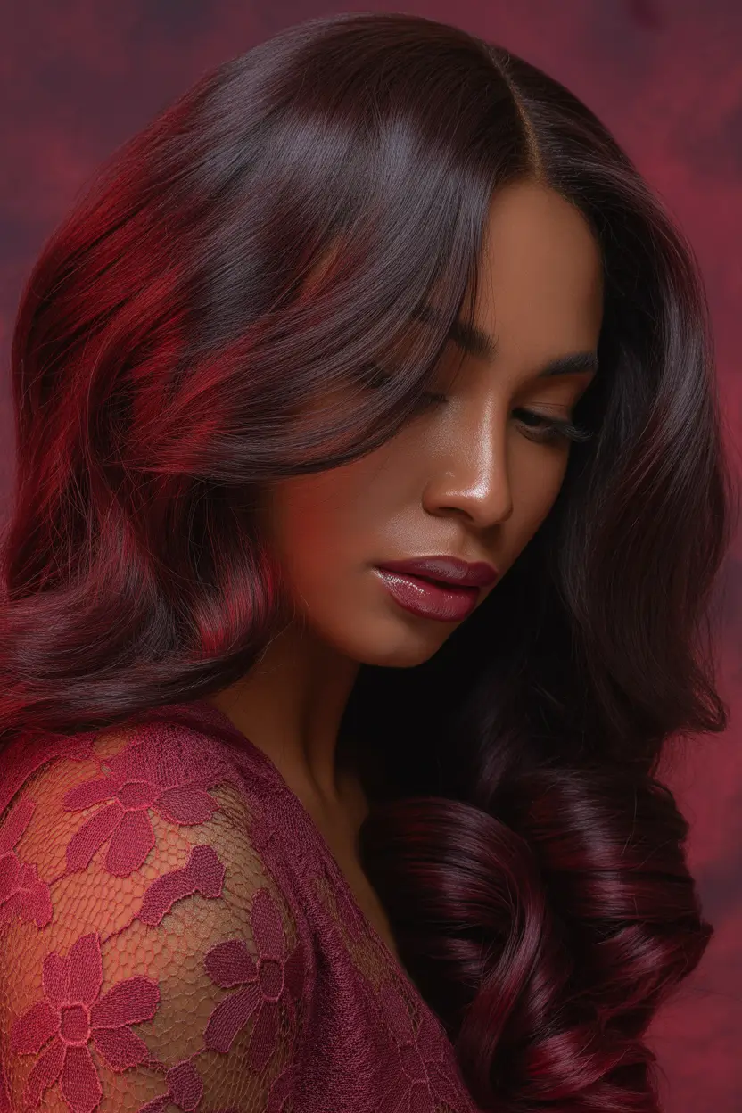 Winter 2025–2026 Hair Colors Trends Dark Skin Burgundy Velvet Waves