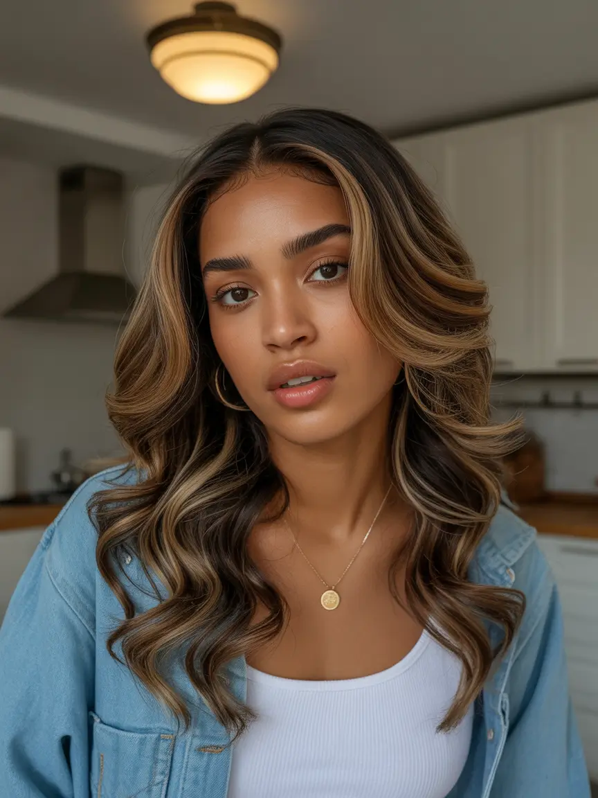 Winter 2025–2026 Hair Colors Trends Dark Skin Bronde Waves