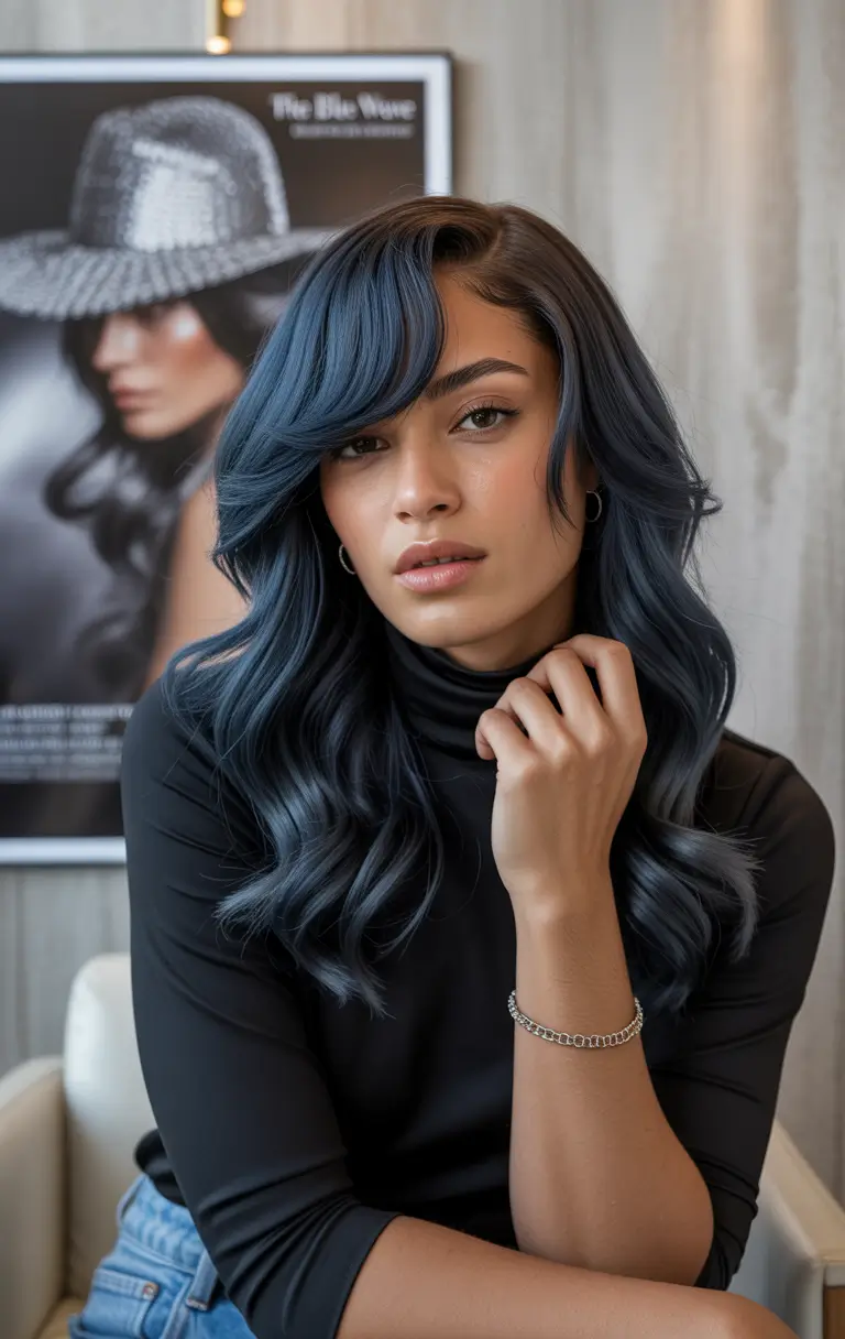Winter 2025–2026 Hair Colors Trends Dark Skin Steel Blue Shine