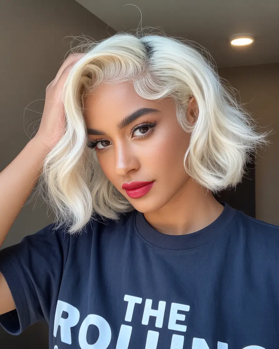 Winter 2025–2026 Hair Colors Trends Dark Skin Platinum Waves with Retro Flair