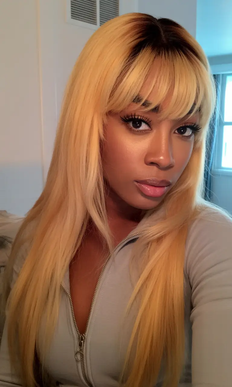 Winter 2025–2026 Hair Colors Trends Dark Skin Honey Blonde with Bangs