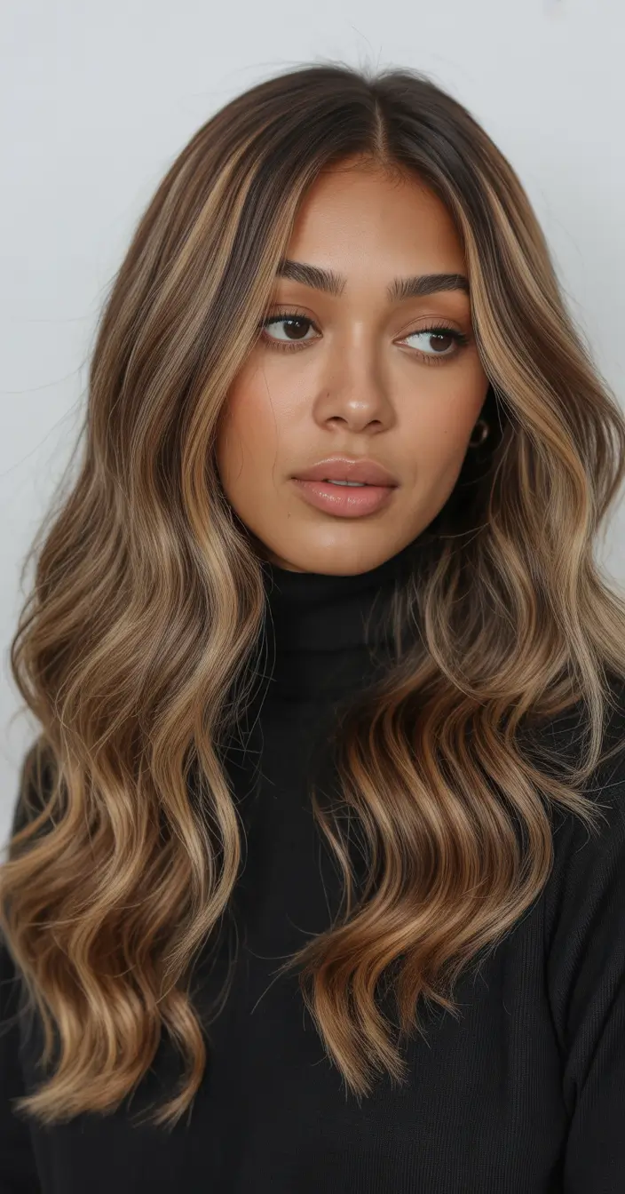 Winter 2025–2026 Hair Colors Trends Dark Skin Chocolate Brown with Caramel Ribbons