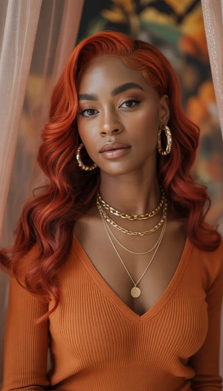 Winter 2025–2026 Hair Colors Trends Dark Skin Fiery Copper Red Waves