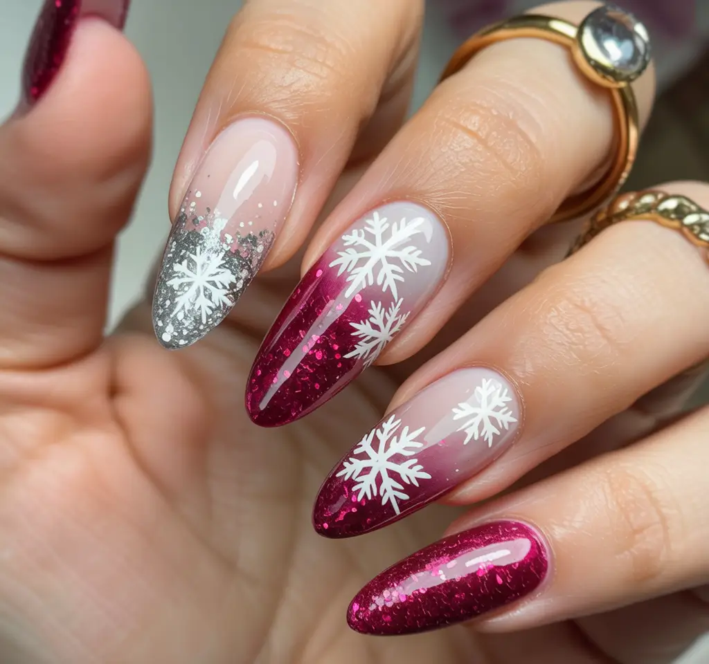 Winter Acrylic Nails 2025–2026 Crimson Snowflake Charm