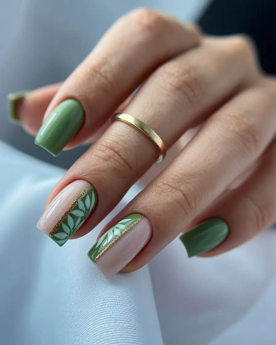 Winter Acrylic Nails 2025–2026 Golden Sage Serenity