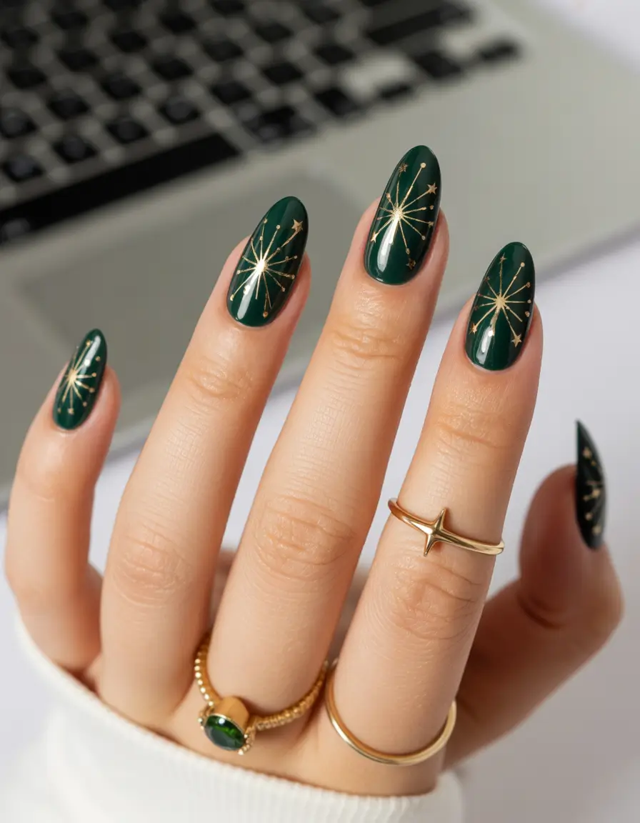 Winter Acrylic Nails 2025–2026 Starlight Emerald Burst