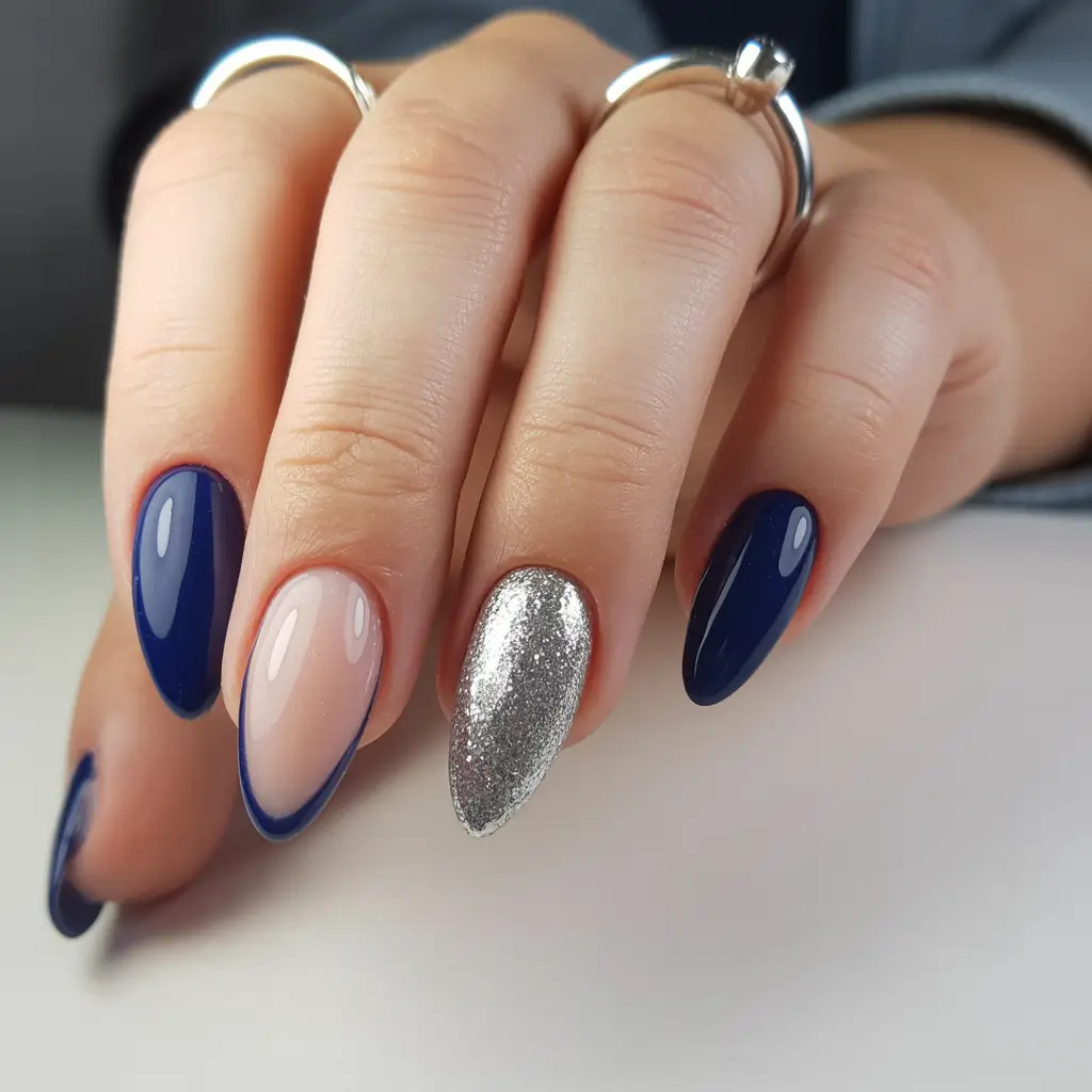 Winter Acrylic Nails 2025–2026 Silver-Blue Lunar Spark