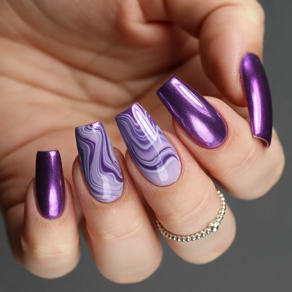 Winter Acrylic Nails 2025–2026 Amethyst Marble Glow
