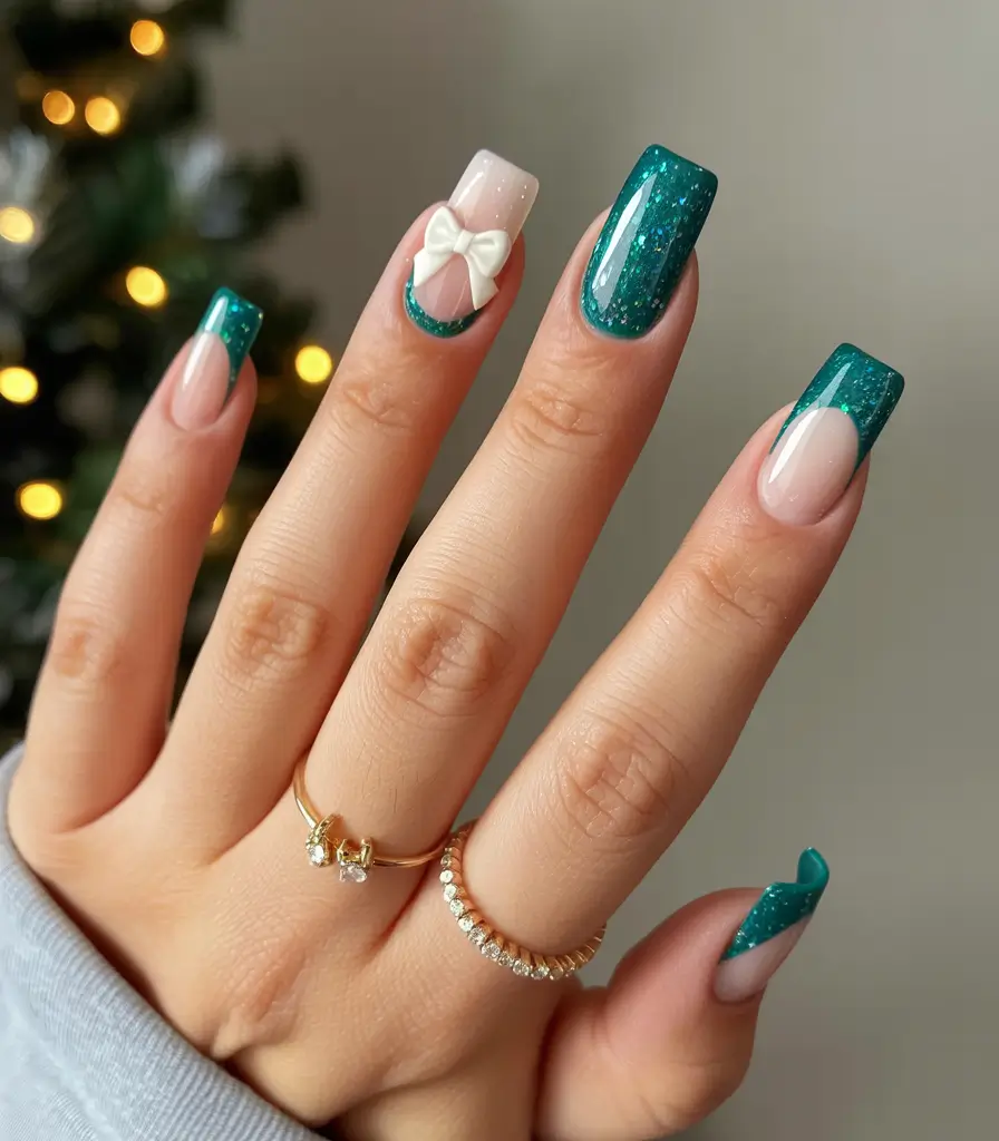 Winter Acrylic Nails 2025–2026 Emerald Gift Bow