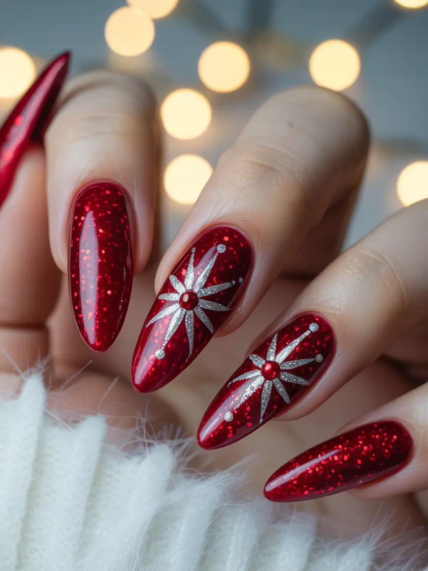 Winter Acrylic Nails 2025–2026 Holiday Starburst in Ruby