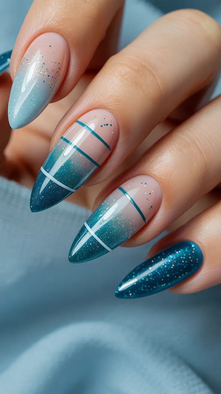 Winter Acrylic Nails 2025–2026 Frosted Grid Blue