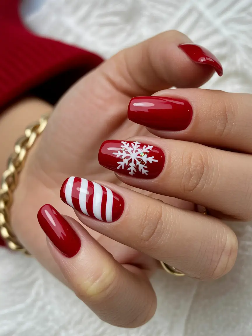 Winter Acrylic Nails 2025–2026 Red Candy Cane Charm