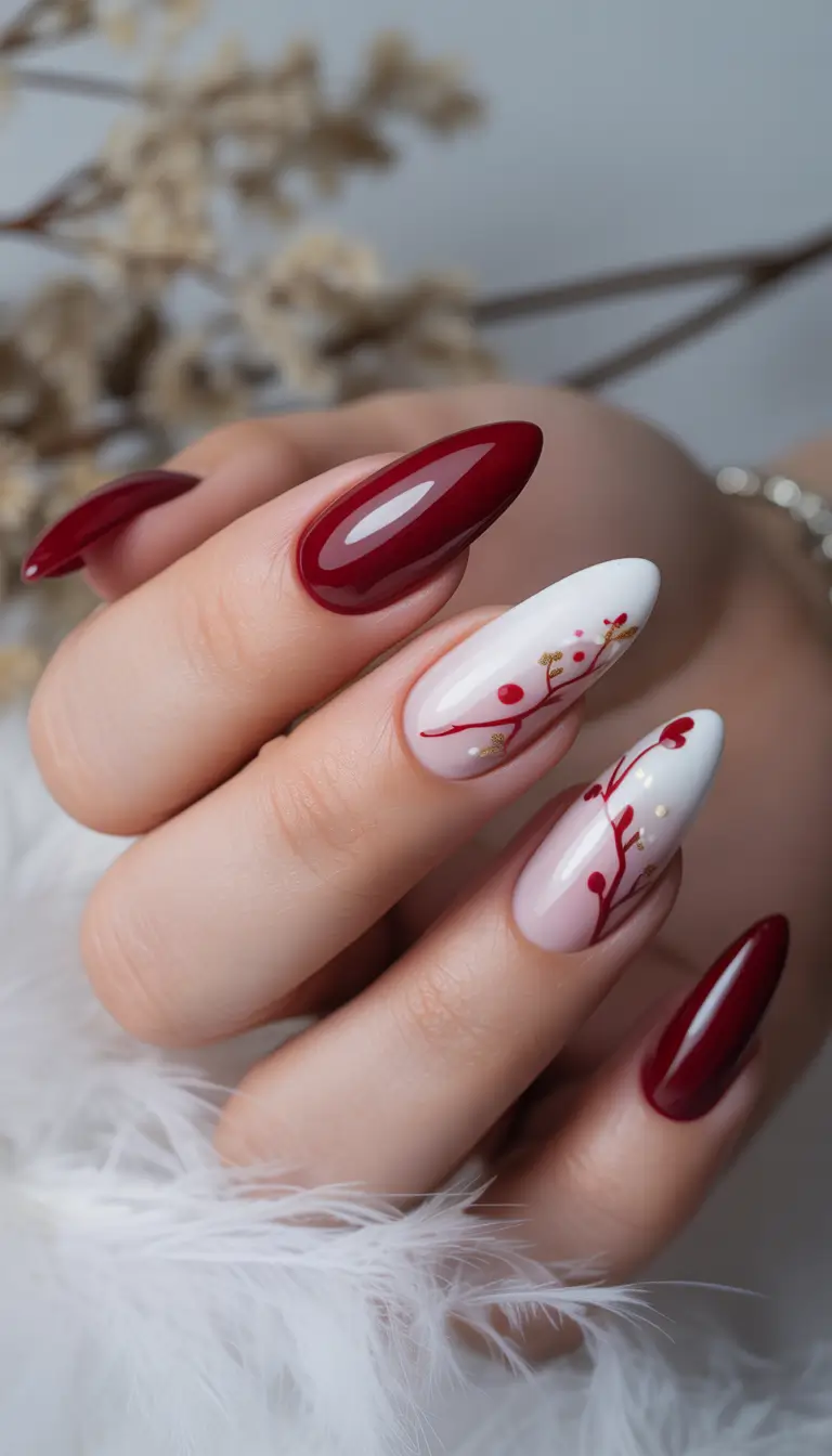 Winter Acrylic Nails 2025–2026 Crimson Berry Branch