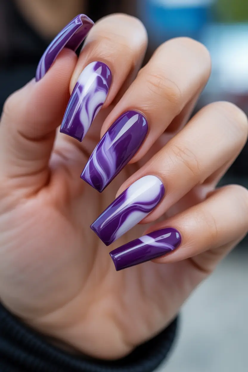 Winter Acrylic Nails 2025–2026 Violet Marble Waves