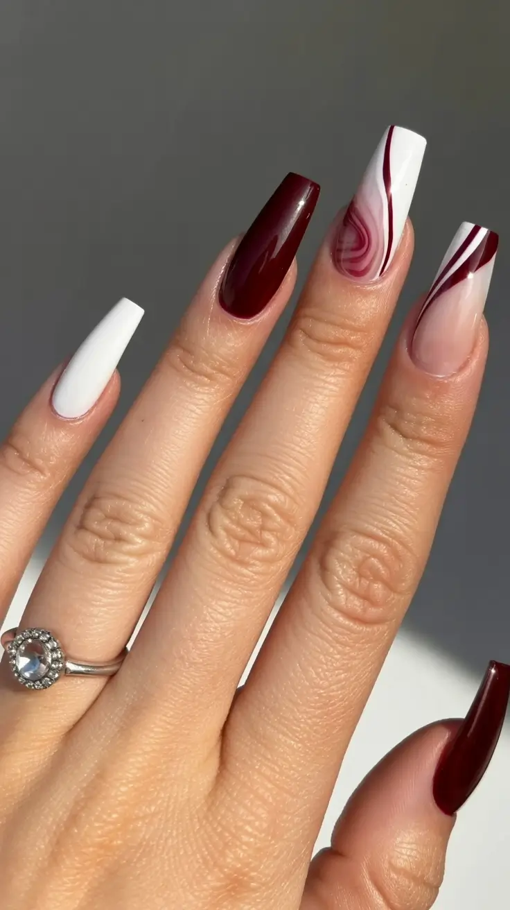 Winter Acrylic Nails 2025–2026 Wine and Cream Swirl