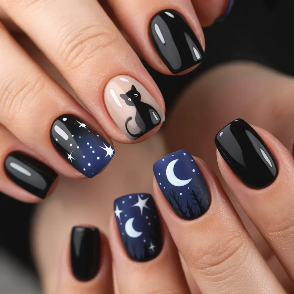 Winter Acrylic Nails 2025–2026 Midnight Cat & Moon Magic