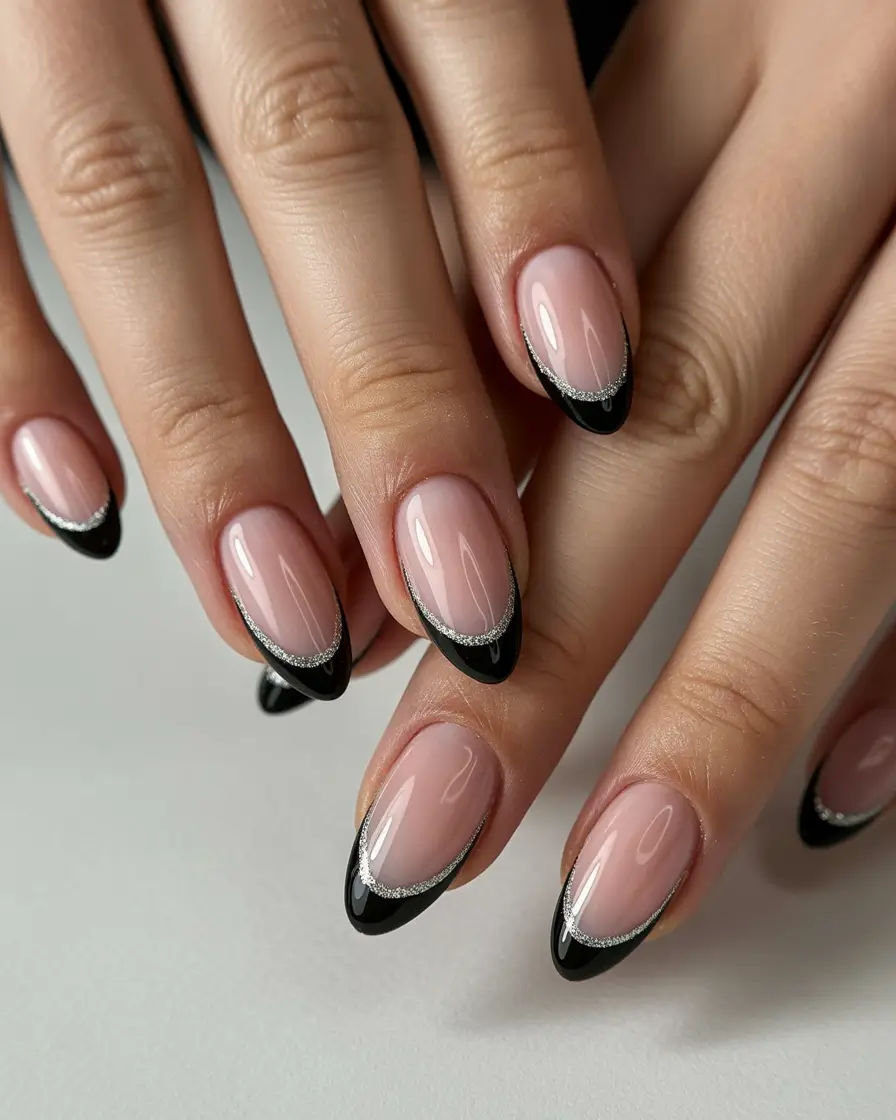 Winter Acrylic Nails 2025–2026 Midnight French with Silver Edge