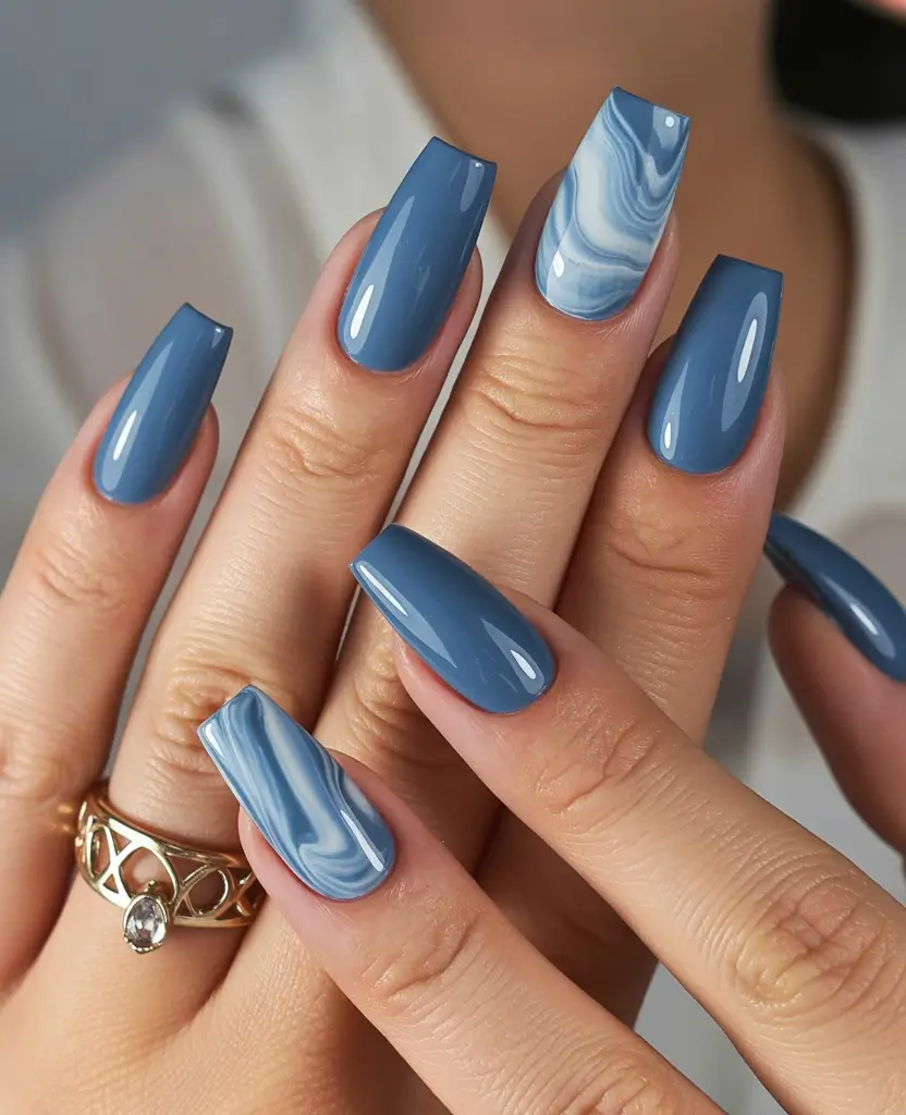 Winter Acrylic Nails 2025–2026 Blue Marble Winter Dream