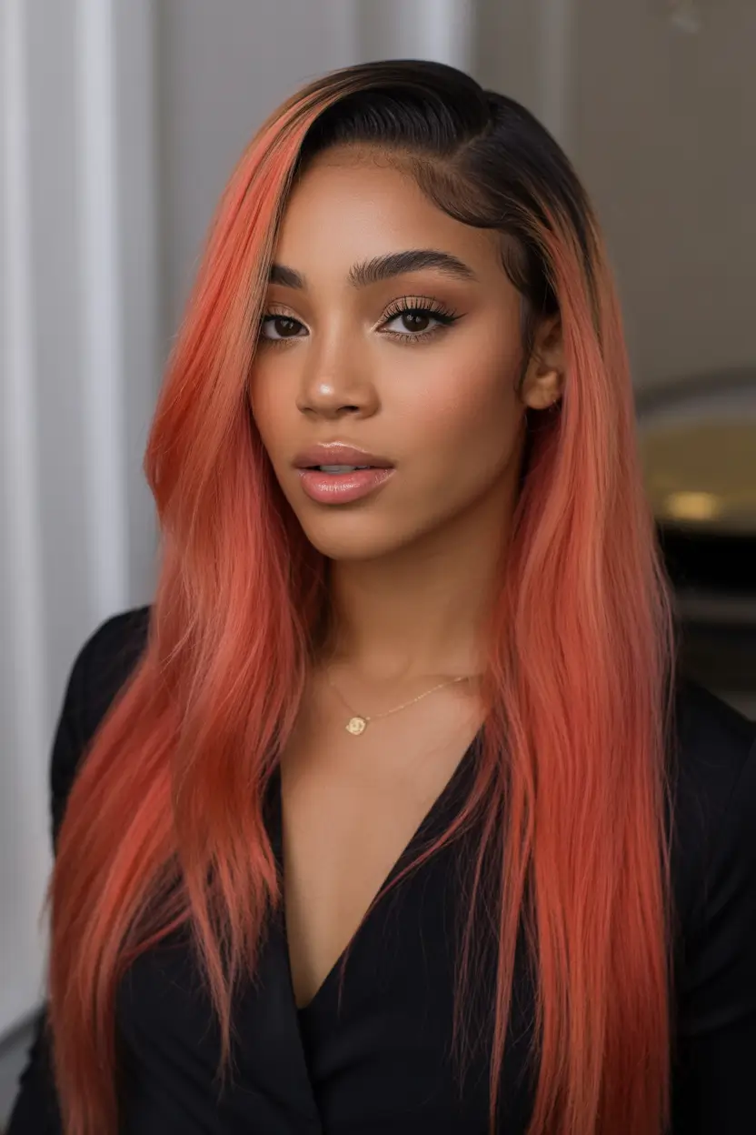 winter hair colors for black women ideas 2025 2026 peachy coral straight hair