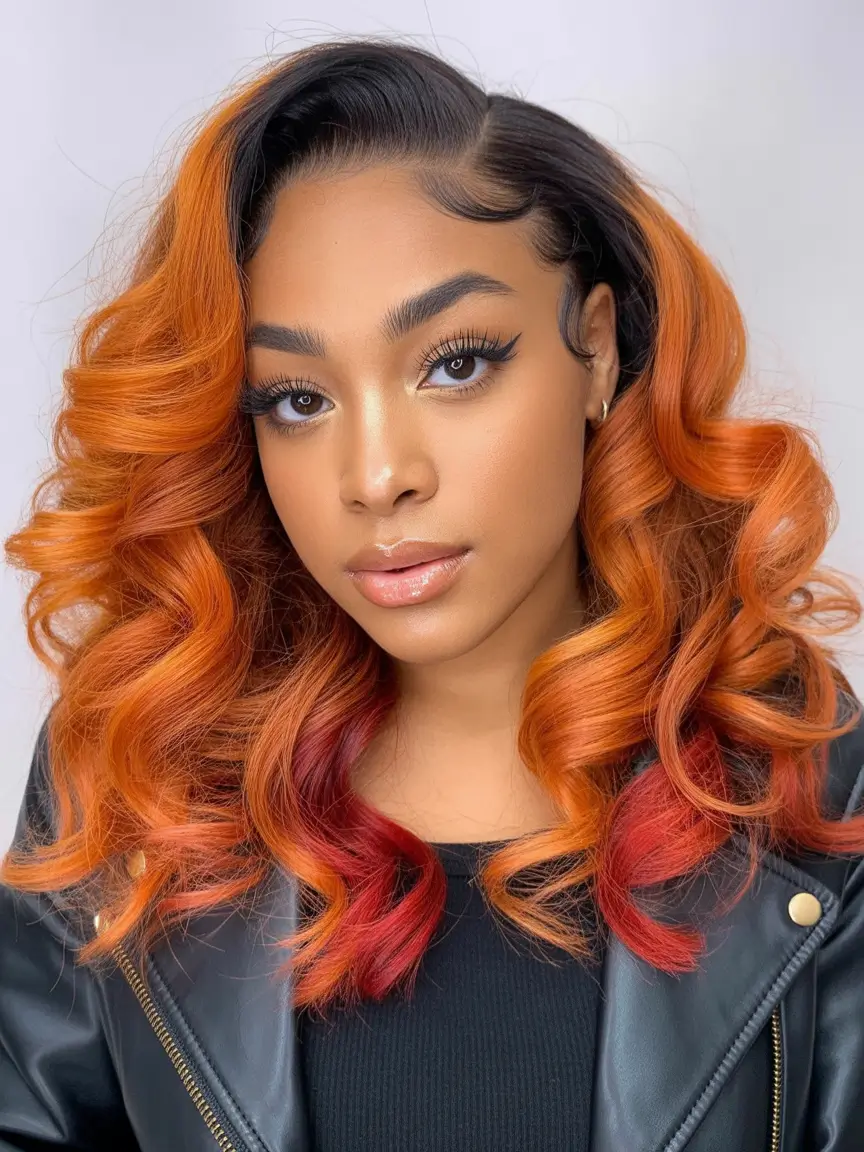 winter hair colors for black women ideas 2025 2026 ombre orange red curls