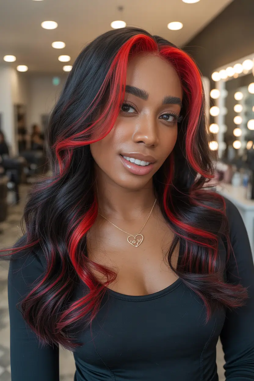 winter hair colors for black women ideas 2025 2026 black with red money piece
