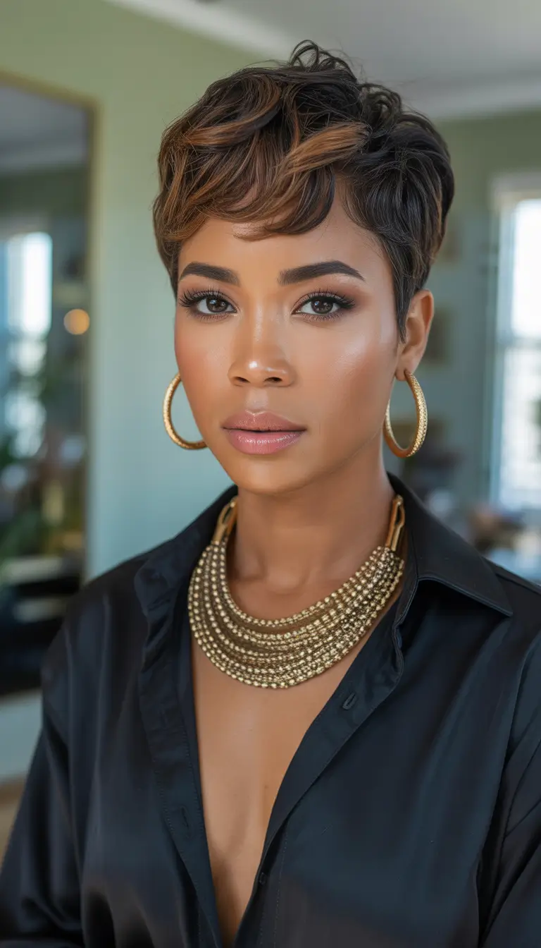 winter hair colors for black women ideas 2025 2026 pixie cut caramel highlights