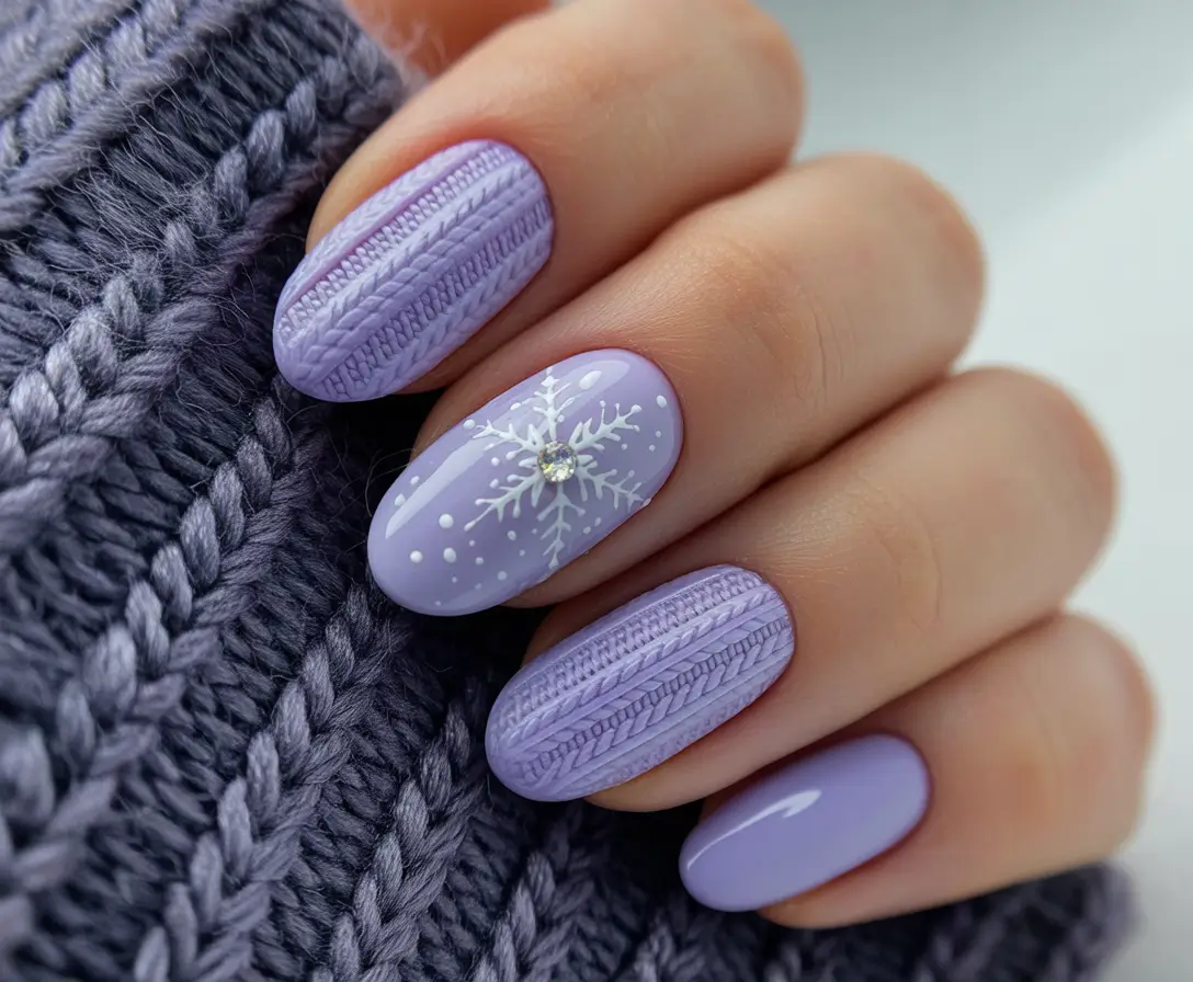 Winter Nail Art Inspo 2025–2026 Soft Lavender Snowflake Magic