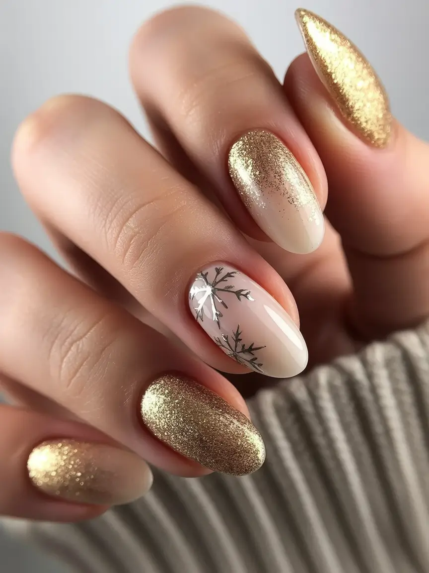 Winter Nail Art Inspo 2025–2026 Golden Snowflake Glow