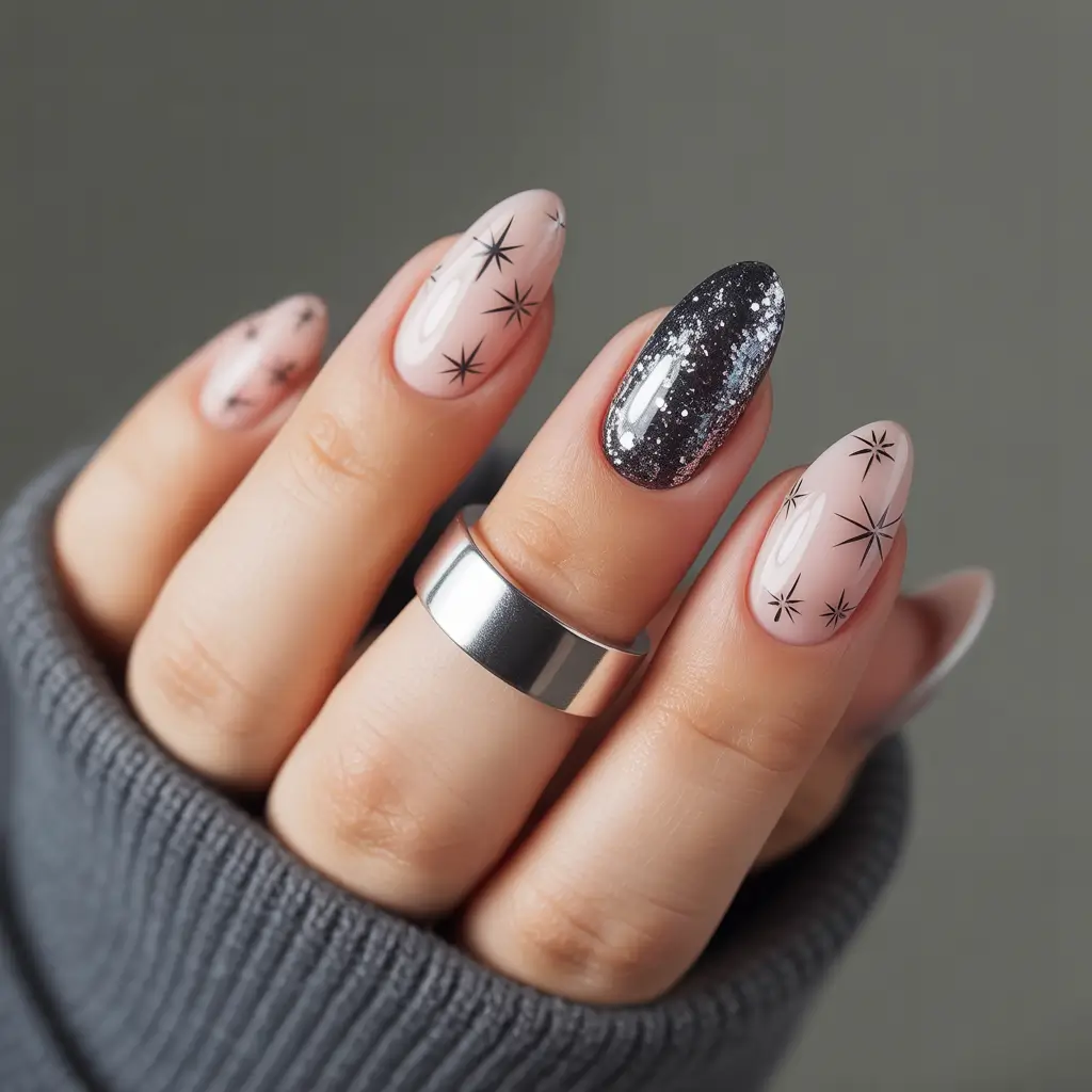 Winter Nail Art Inspo 2025–2026 Midnight Stardust Charm