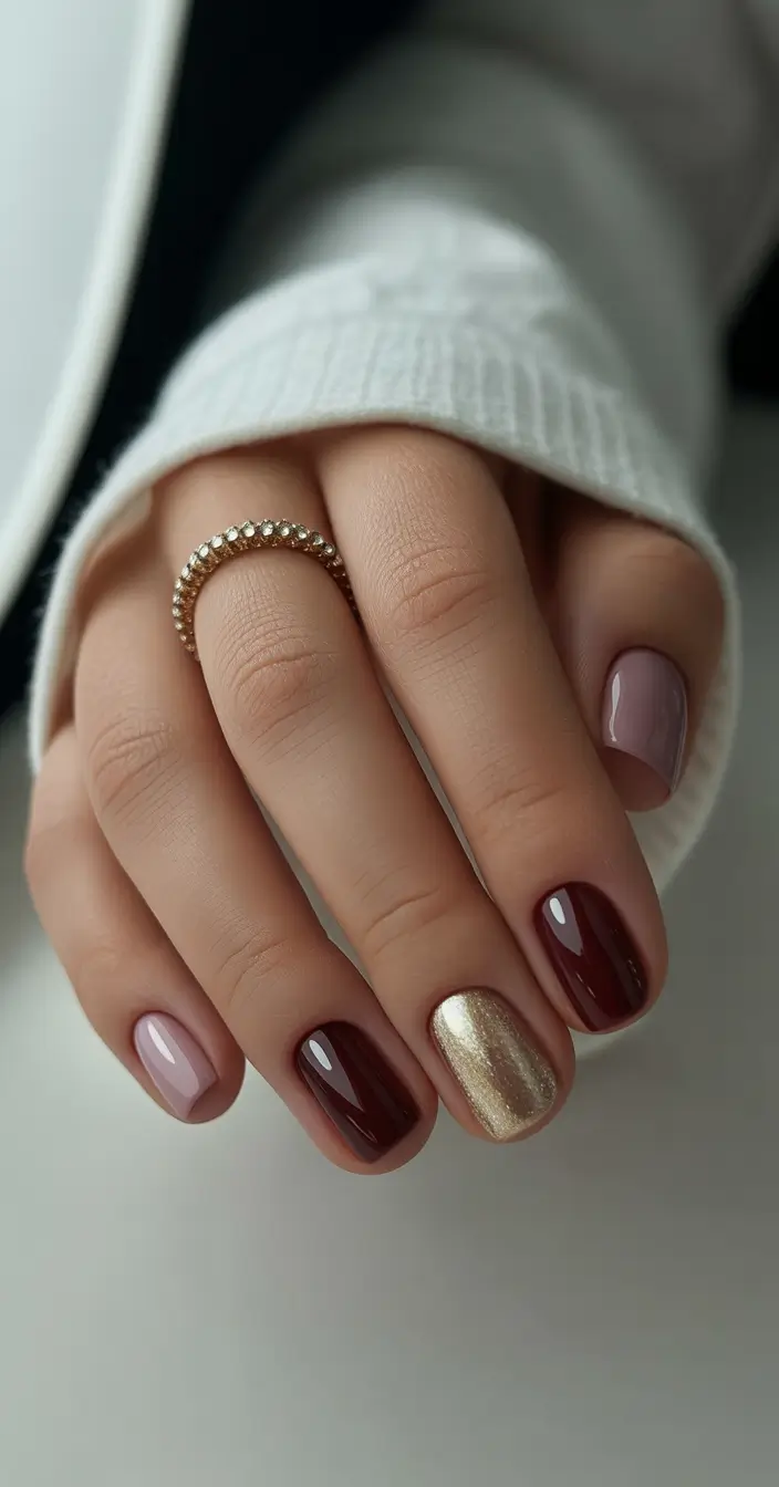 Winter Nail Art Inspo 2025–2026 Muted Mocha and Gold Harmony