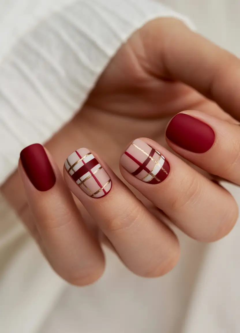 Winter Nail Art Inspo 2025–2026 Crimson Plaid Perfection