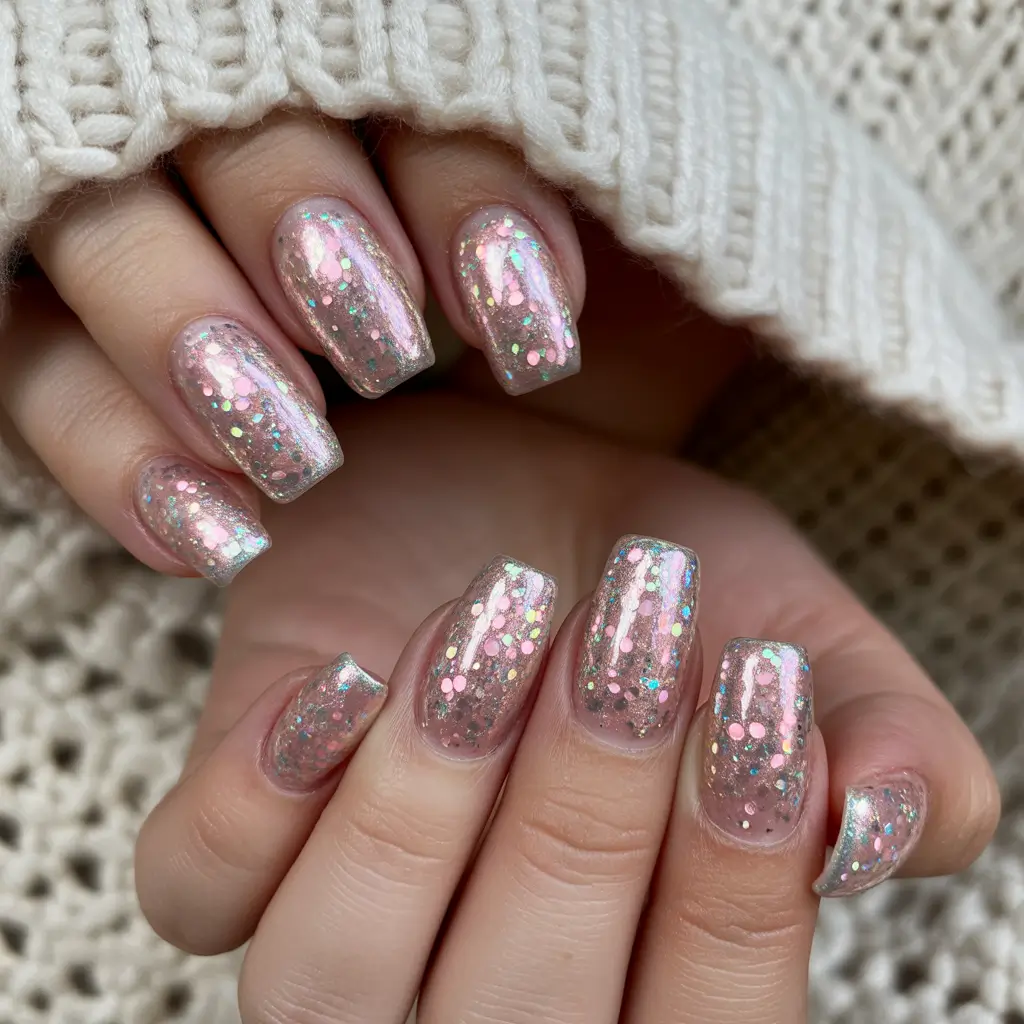 Winter Nail Colors and Designs Ideas 2025–2026 Soft Champagne Sparkle