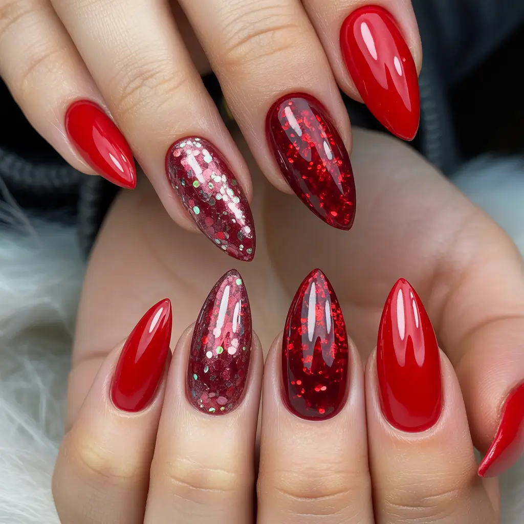 Winter Nail Colors and Designs Ideas 2025–2026 Classic Red Sparkle