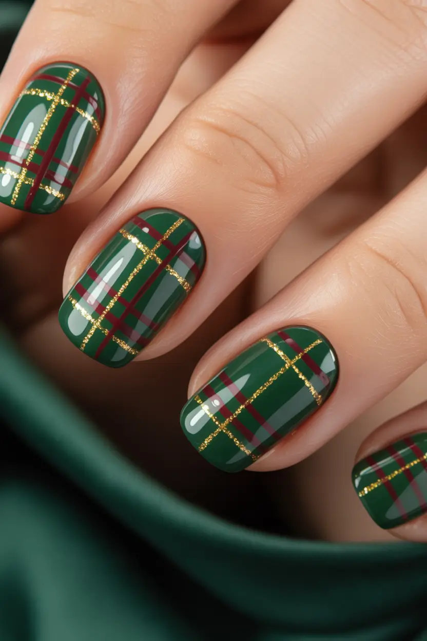 Winter Nail Colors and Designs Ideas 2025–2026 Cozy Plaid Green