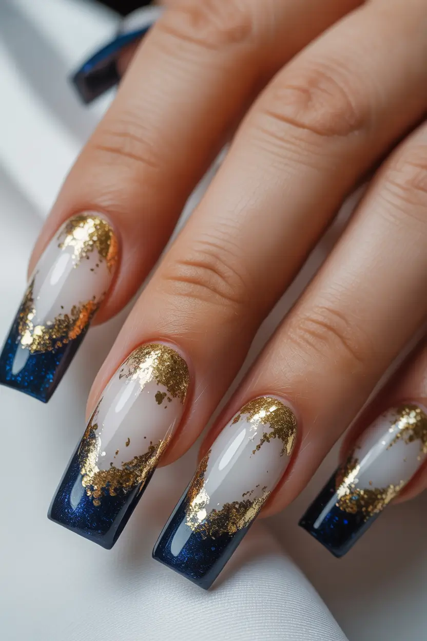 Winter Nail Colors and Designs Ideas 2025–2026 Midnight Gold Tips