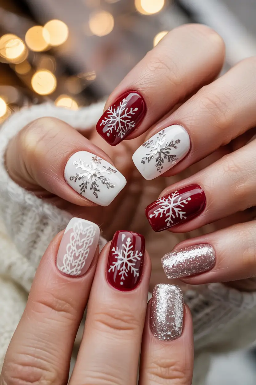 Winter Nails Ideas 2025–2026 Red and White Snowflake Charm