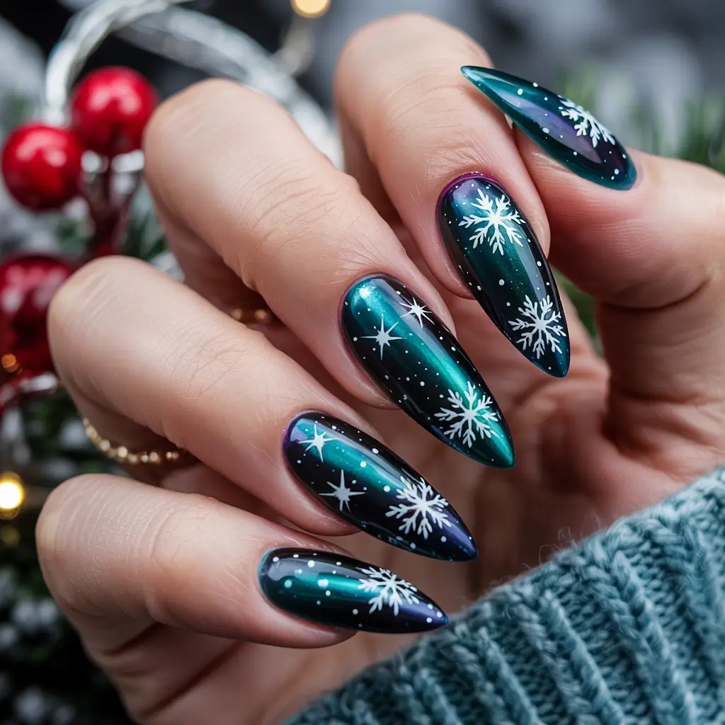 Winter Nails Ideas 2025–2026 Midnight Aurora Snowflakes