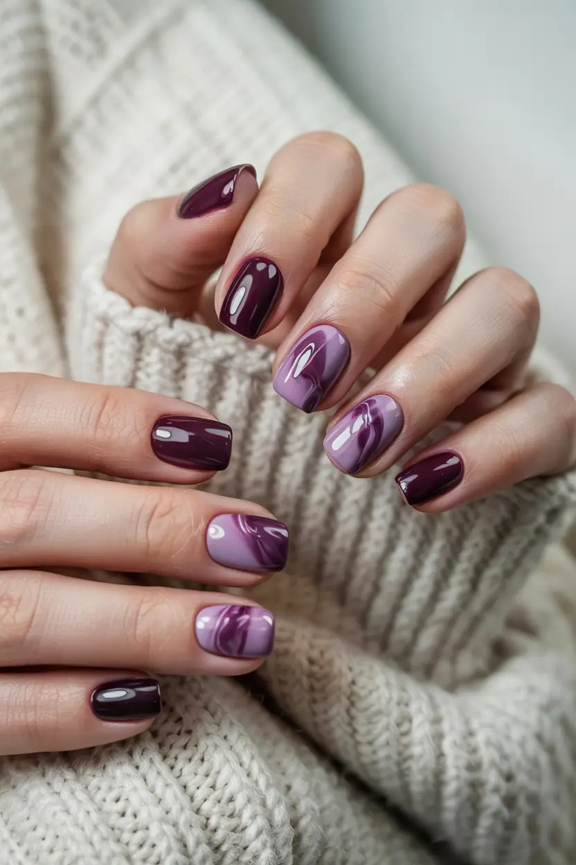 Winter Nails Ideas 2025–2026 Plum Marble Gloss