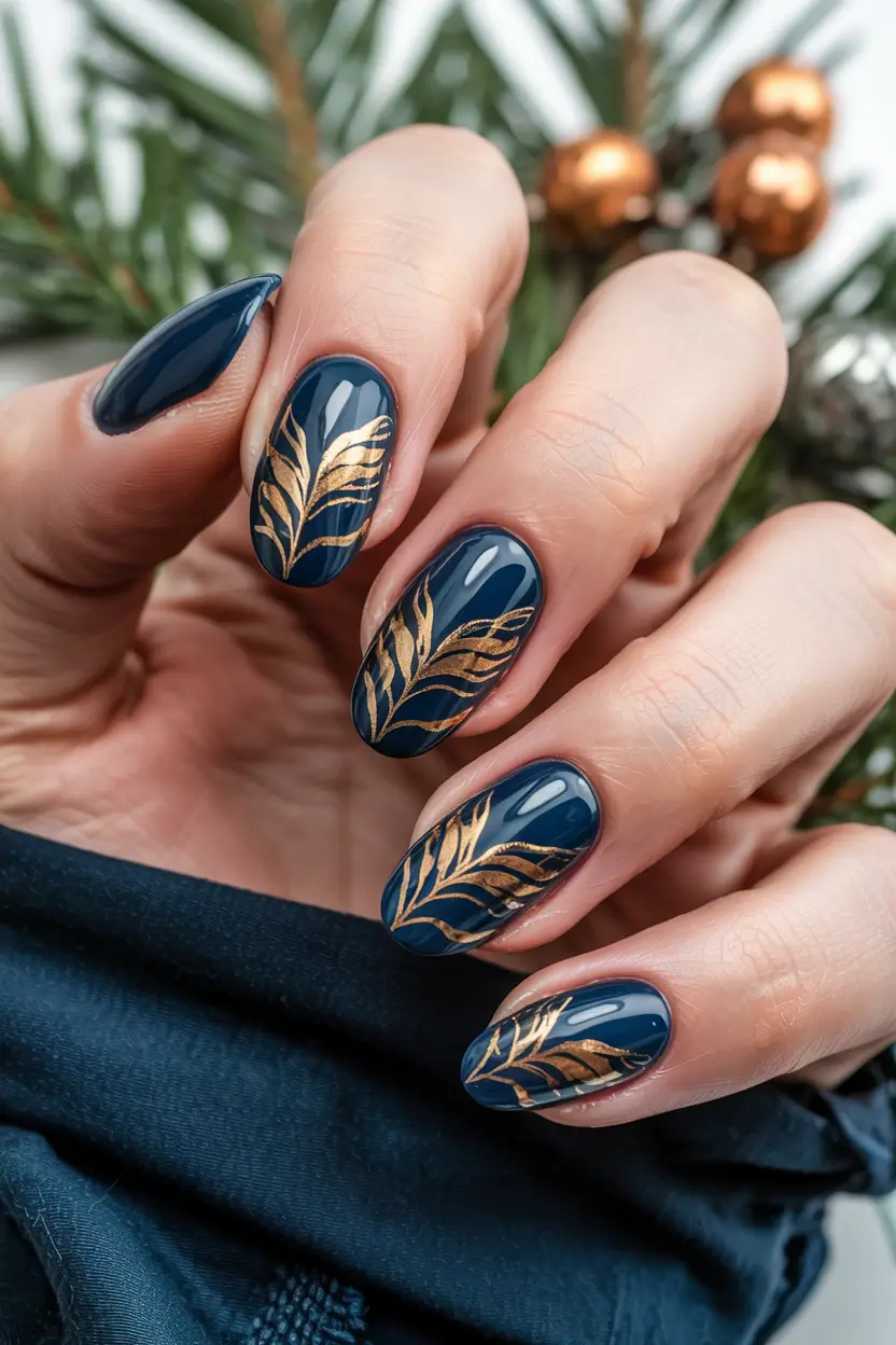 Winter Nails Ideas 2025–2026 Midnight Gold Leaf