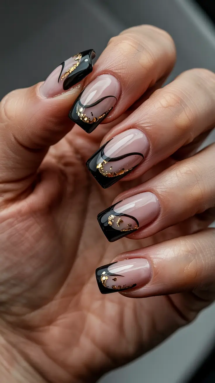 Winter Nails Ideas 2025–2026 Black and Gold Swirl Glam