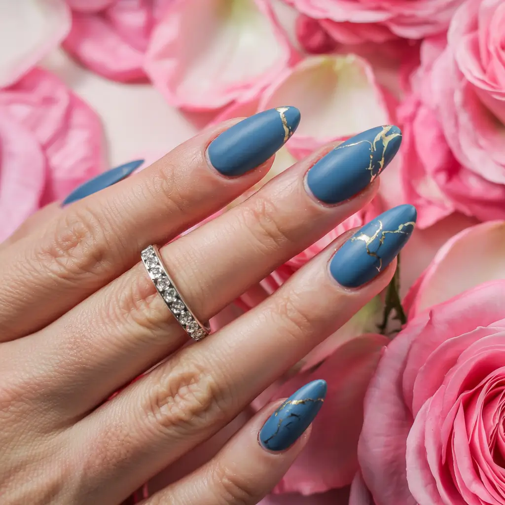 Winter Nails Ideas 2025–2026 Blue Matte with Golden Veins