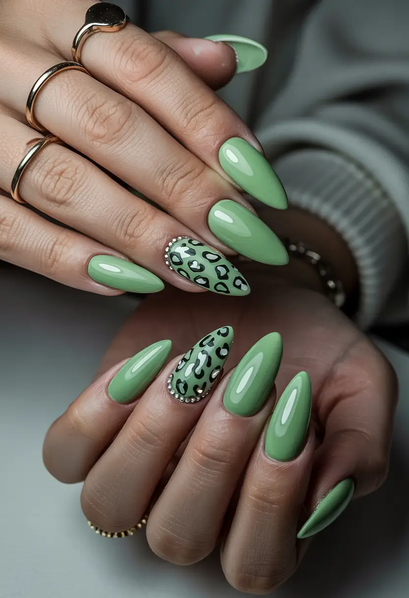 Winter Nails Ideas 2025–2026 Frosted Green Leopard