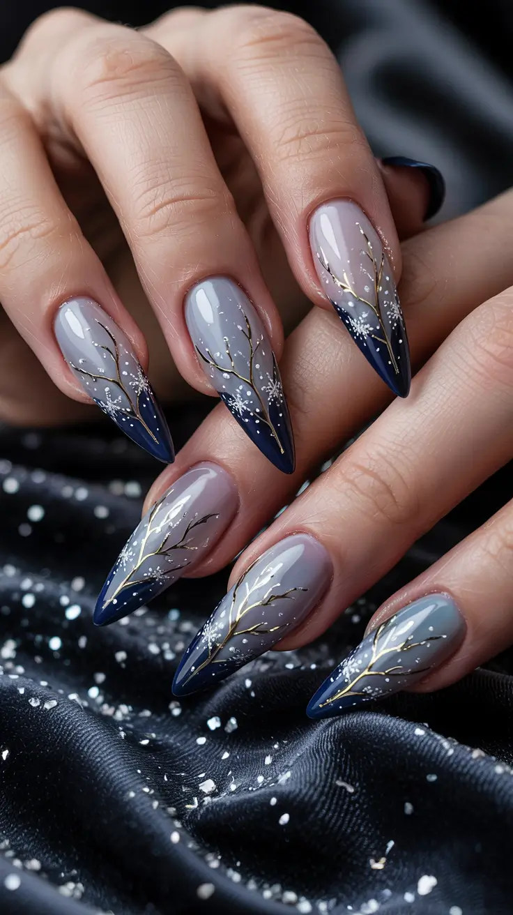 Winter Nails Ideas 2025–2026 Blue Twilight Branches