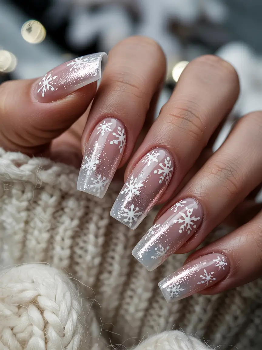 Winter Nails Ideas 2025–2026 Snowflake Ombre Dream