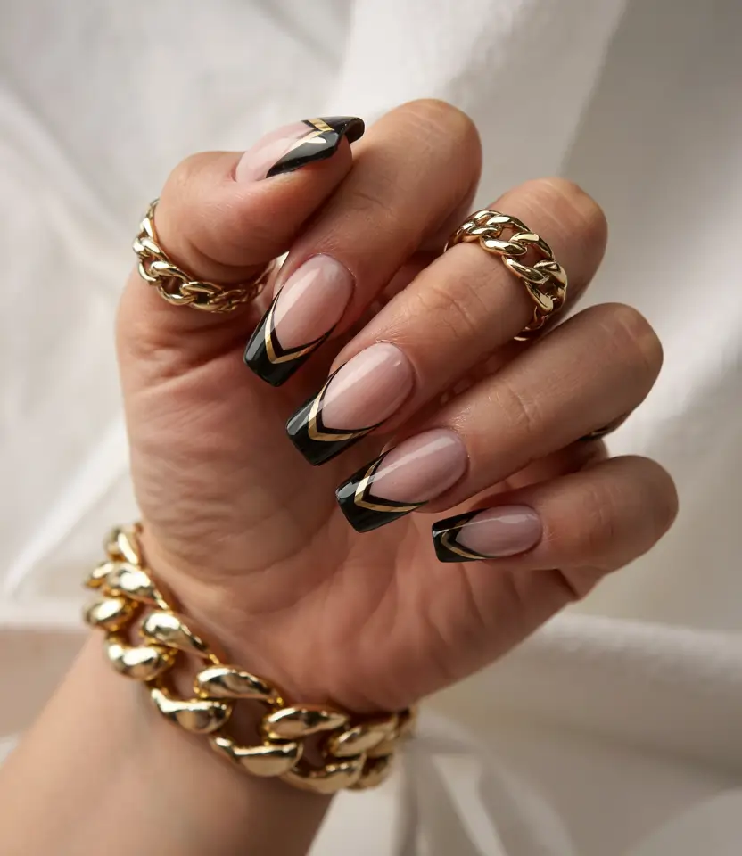 Winter Nails Ideas 2025–2026 Black and Gold Chevron