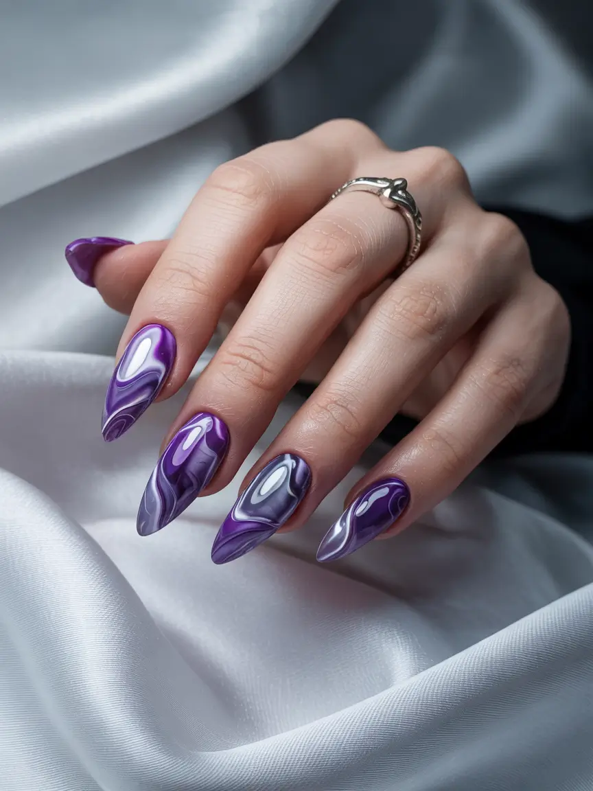 Winter Nails Ideas 2025–2026 Violet Swirl Mirage