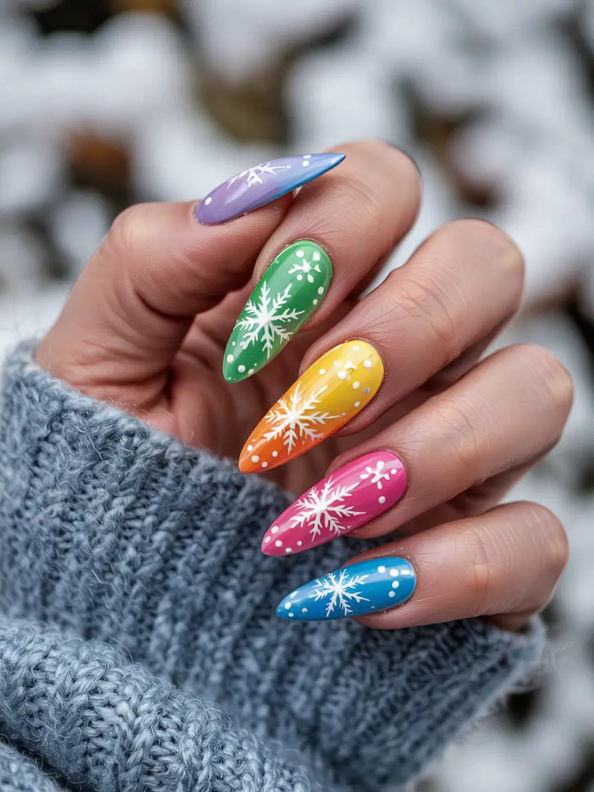 Winter Nails Ideas 2025–2026 Rainbow Snowflake Vibes