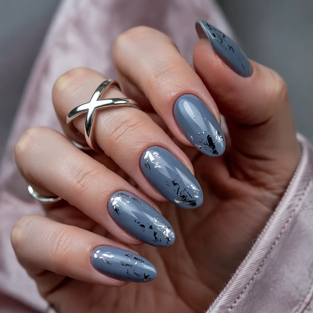 Winter Nails Ideas 2025–2026 Slate Grey with Silver Foil