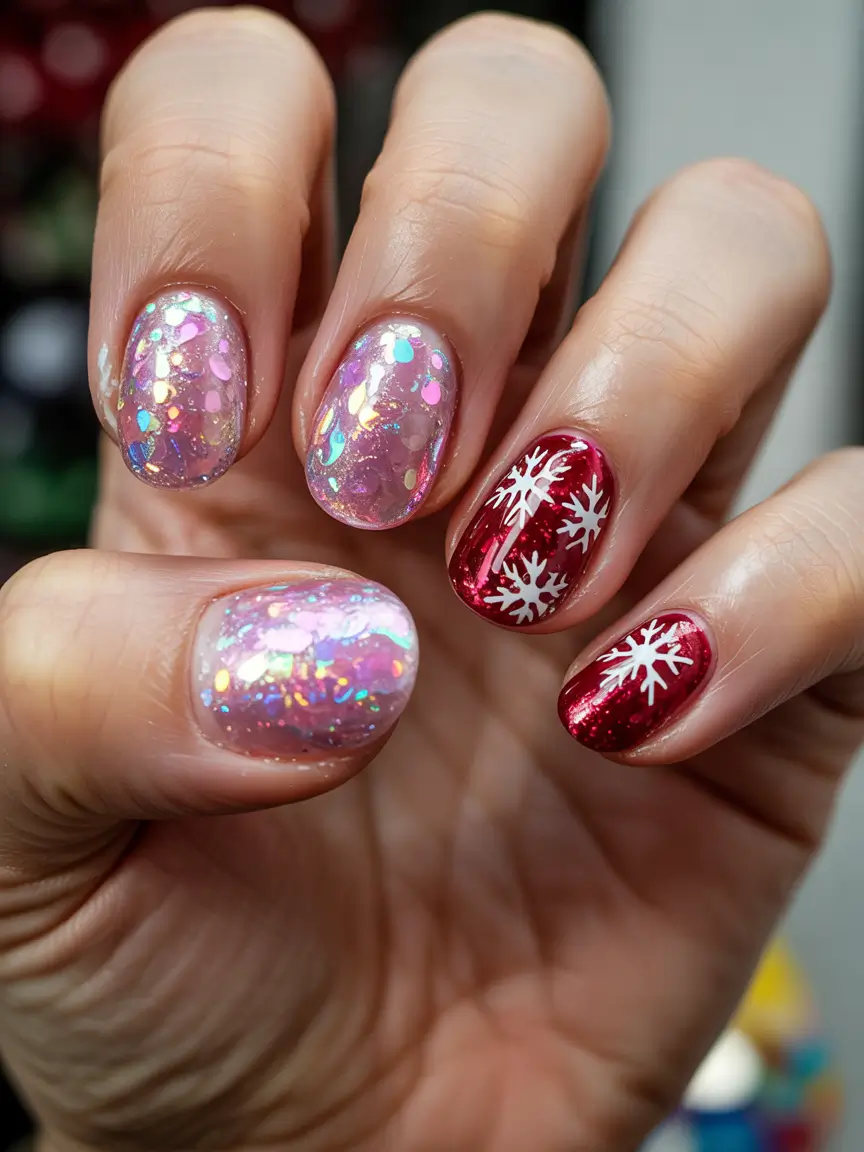 Winter Nails Ideas 2025–2026 Red and Pink Glitter Mix