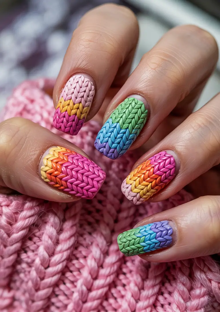 Winter Nails Ideas 2025–2026 Knitted Rainbow Texture